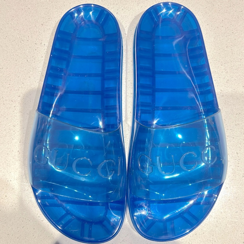 GUCCI Splash Blue Transparent Rubber Logo Slides/Sandal | Men’s US Size 7